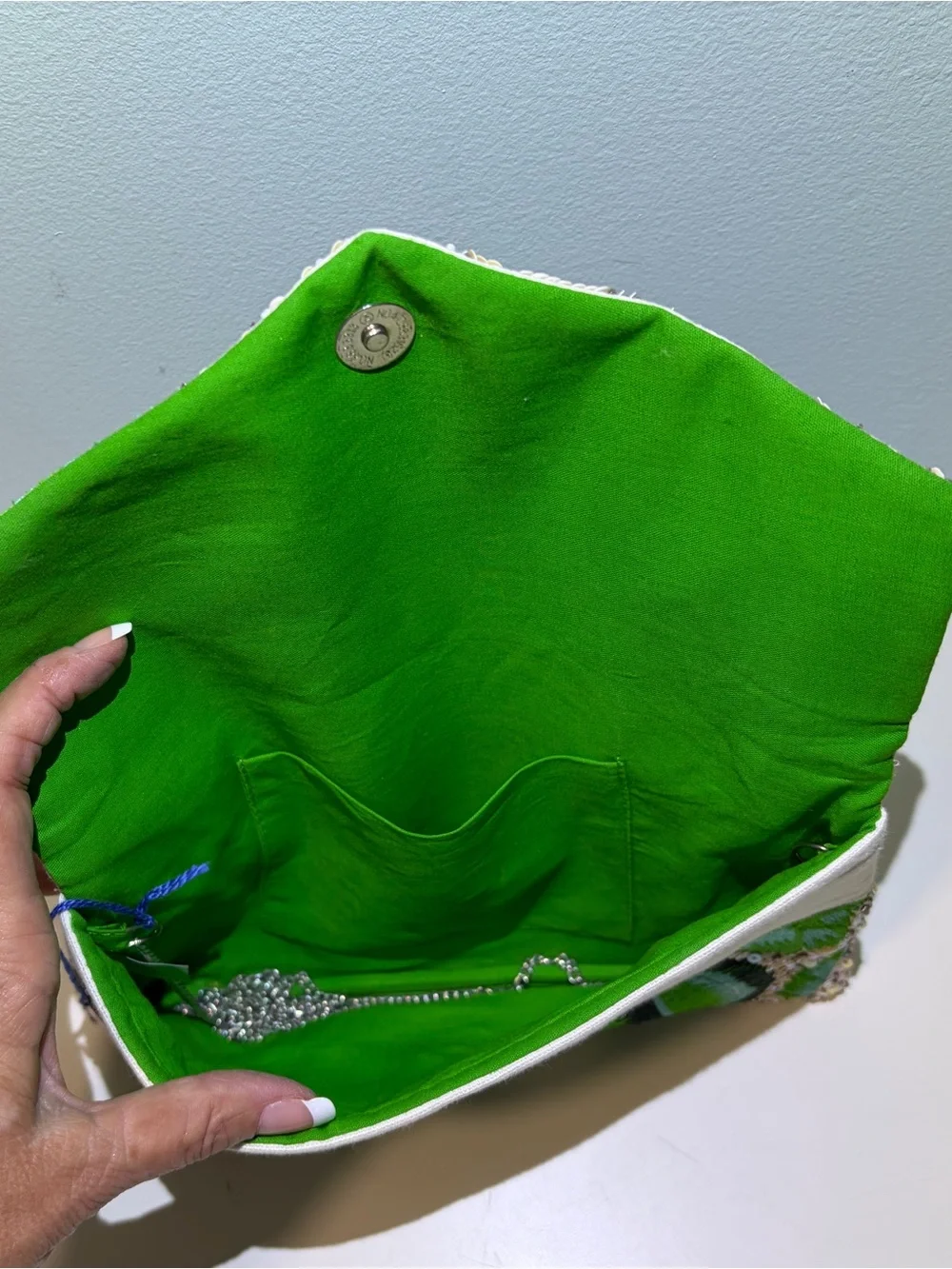 NWT Ford & Crew Tropical Palm Leaf Embroidered Sequin Envelope Clutch With Chain